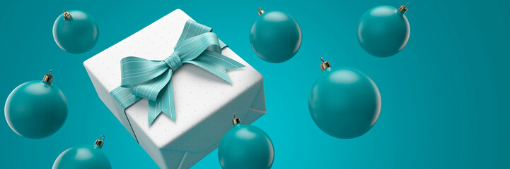 Large white gift wrapped present with a shiny turquoise bow surrounded by Christmas baubles 3d render