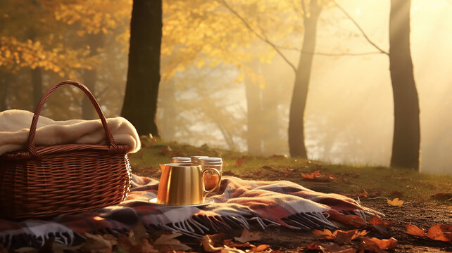 autumn landscape picnic in a sunny morning park picnic basket and walking fall