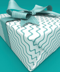 Shiny turquoise bow on a gift wrapped present on a turquoise background 3d render