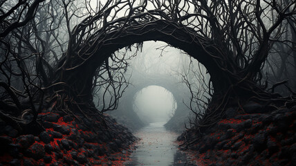 halloween gloomy dark background autumn forest of horror, round arch of branches, entrance to the foggy - obrazy, fototapety, plakaty