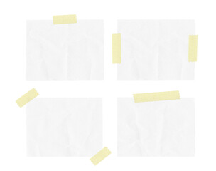 White ripped crumpled paper strips collection. Realistic paper scraps with adhesive tape on transparent background. Sticky notes
