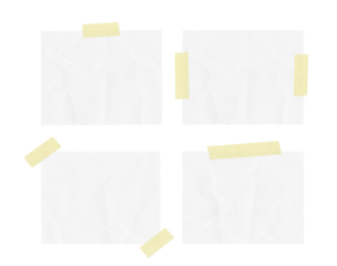 White ripped crumpled paper strips collection. Realistic paper scraps with adhesive tape on transparent background. Sticky notes