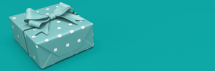 Shiny turquoise bow on a gift wrapped present on a turquoise background 3d render