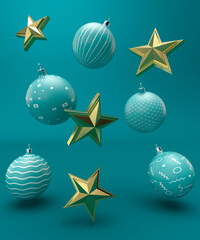 Turquoise baubles and Christmas stars floating on a turquoise background 3d render