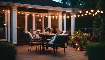 Beautiful suburban house patio in summer evening with garden lights - obrazy, fototapety, plakaty
