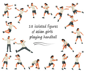 18 vector isolated Chinese or Vietnamese girls' figures of women's handball players and goalkeepers team jumping, running, standing in goal in white uniforms