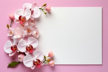 Floral elegance Orchids grace white paper, pastel pink backdrop for text