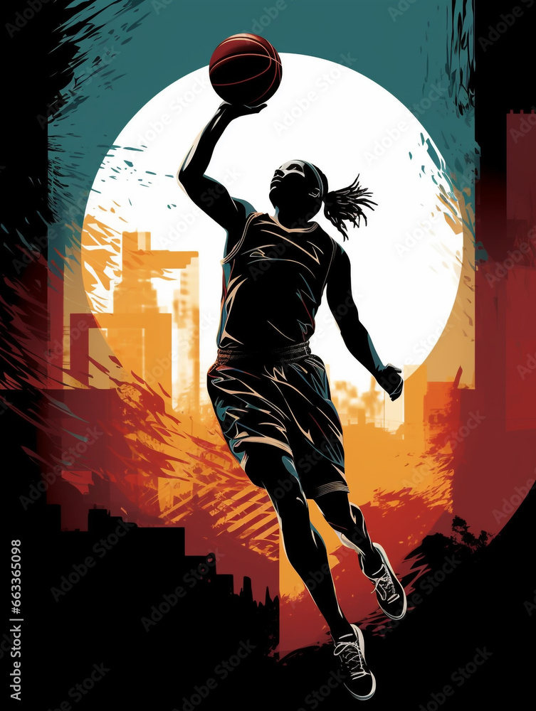 Wall mural Silhouette image of a female basketball player jumping to score the ball.