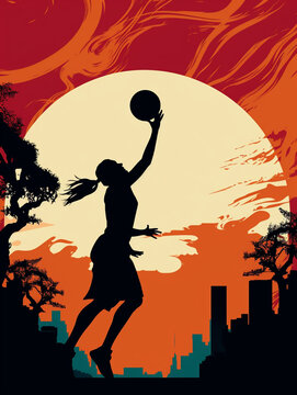 Silhouette image of a female basketball player jumping to score the ball.
