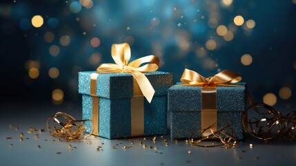 Blue and gold gift boxes on a background of golden glitter, matte photo, captivating lighting, light