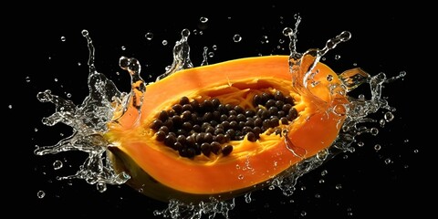Ripe papaya slices with clear water splash effect on black background. generative AI