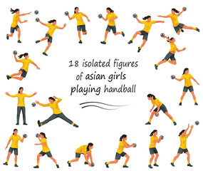 Fototapeta na wymiar 18 figures of Asian women's handball players and goalkeepers in yellow sports uniform jumping, running, catching the ball, standing