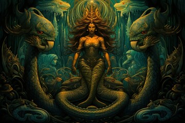 Ancient sea serpents, guardians of hidden treasures beneath the ocean depths - Generative AI
