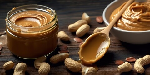 peanut butter photographed close up on a black background. generative AI