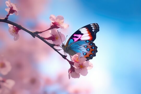 Beautiful blue butterfly Morpho on pink violet flowers on blurred soft light wallpaper background