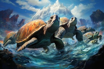 Ancient sea turtles, carrying entire ecosystems on their colossal shells - Generative AI - 663366207