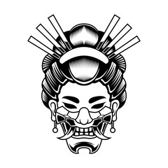 Geisha With Hanya Mask Black And White Samurai Warrior Logo vintage vector illustration