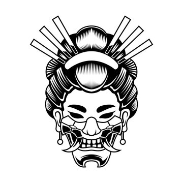 Geisha With Hanya Mask Black And White Samurai Warrior Logo vintage vector illustration