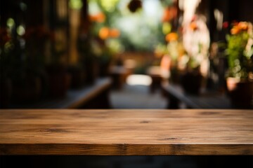 Garden blurred background complements this empty wooden table for marketing