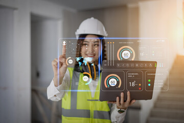 Asian engineer woman with laptop computer and digital interface icons in contractors building. 
