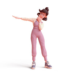 Funny cute kawaii positive excited asian active k-pop girl in fashion casual clothes touches her chin with index finger, thumb, one hand points your way direction. 3d render isolated transparent. 