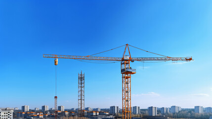 Fototapeta na wymiar A construction site with a towering crane is set against a clear blue sky, illustrating the ongoing building activities in progress.