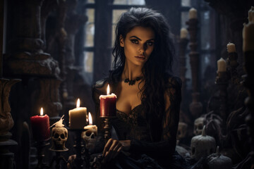 beautiful witch in spooky manor, halloween fantasy, Generative AI