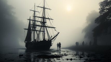 black sailboat silhouette in the fog. - obrazy, fototapety, plakaty