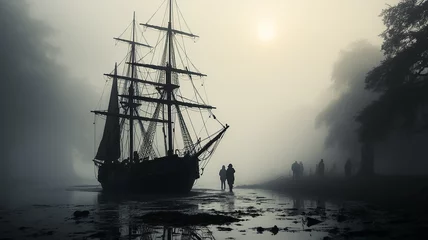 Fotobehang black sailboat silhouette in the fog. © kichigin19