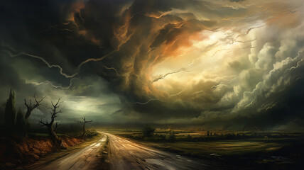 drawing of a tornado on the road in a field sunset colors. - obrazy, fototapety, plakaty