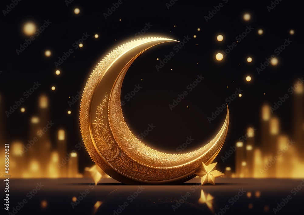 Wall mural richly engraved gold crescent moon on black background. generative ai