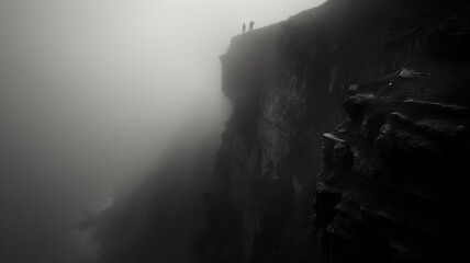 black and white photo cliff in the mountains in a foggy abyss landscape.