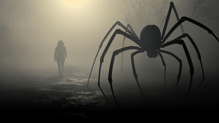 phobia fear horror, silhouette of a huge spider in a foggy forest.