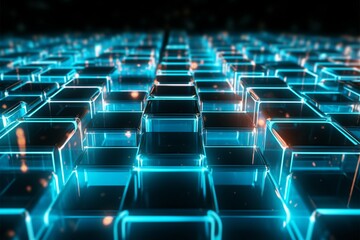 Fototapeta premium Glowing cubes of glass material come to life in a 3D render