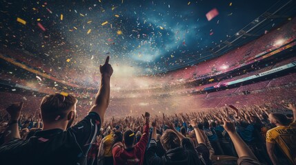 Cheering crowd at a soccer stadium with confetti falling down - obrazy, fototapety, plakaty