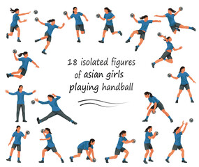 Team of Thai or Japanese girls playing women's handball in blue T-shirts in various poses training, running, jumping, throwing the ball on a white background