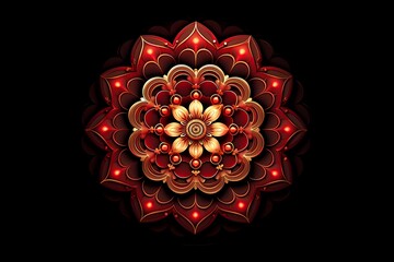 red mandala concentric flower center kaleidoscope isolated on dark background, crystal systematic art design pattern - obrazy, fototapety, plakaty