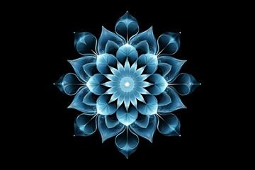 Blue mandala concentric flower center kaleidoscope isolated on dark background, crystal systematic...