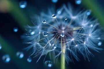 Dandelion Seeds in the drops of dew on a beautiful blurred blue background,abstract art about nature wallpaper background