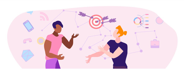 Active discussion of work process by colleagues, flat vector illustration