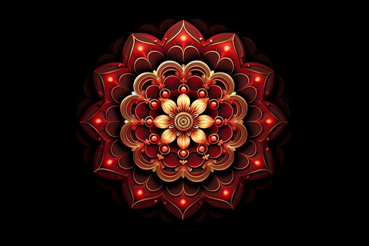 red mandala concentric flower center kaleidoscope isolated on dark background, crystal systematic art design pattern