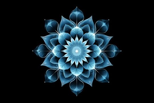 Fototapeta Blue mandala concentric flower center kaleidoscope isolated on dark background, crystal systematic art design pattern