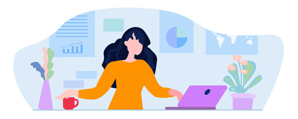Woman in yellow clothes pulls her hand to a cup, laptop, remote work, vector
