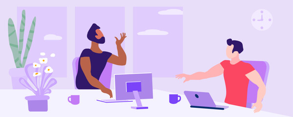 Men at work desk talking emotionally, vector