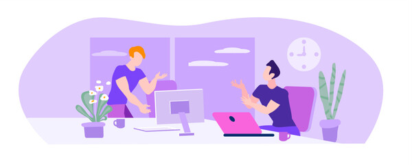 Young guys with computer and laptop talking in the office, vector illustration