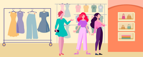 Clothes hanger, garment rack, showroom and clothing organization concep, flat vector illustration.