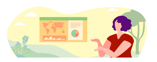 Girl world map with flags, diagram, nature background, vector illustration