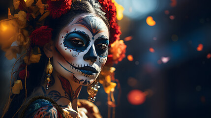 Mujer latina vestida de catrina mexicana con maquillaje de calavera y luces brillantes de fondo tocado de grandes flores en un ambiente mistico y festivo - obrazy, fototapety, plakaty