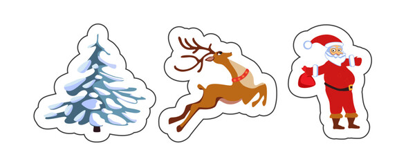 Fototapeta premium Set of Christmas tree stickers, Santa Claus, deer,