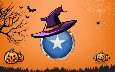 somalia round flag with Happy Halloween banner or party invitation background. bats, spiders and pumpkins, orange background